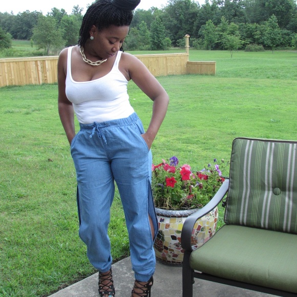 Trendy Side Slit Denim Joggers - Picture 1 of 2